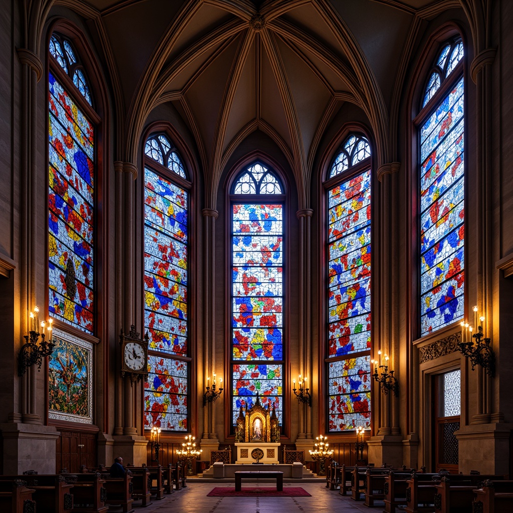 Prompt: Vibrant stained glass windows, kaleidoscope colors, intricate patterns, ornate details, Gothic architectural style, grand cathedrals, sacred ambiance, soft warm lighting, subtle shading, realistic textures, ambient occlusion, 3/4 composition, shallow depth of field, panoramic view.