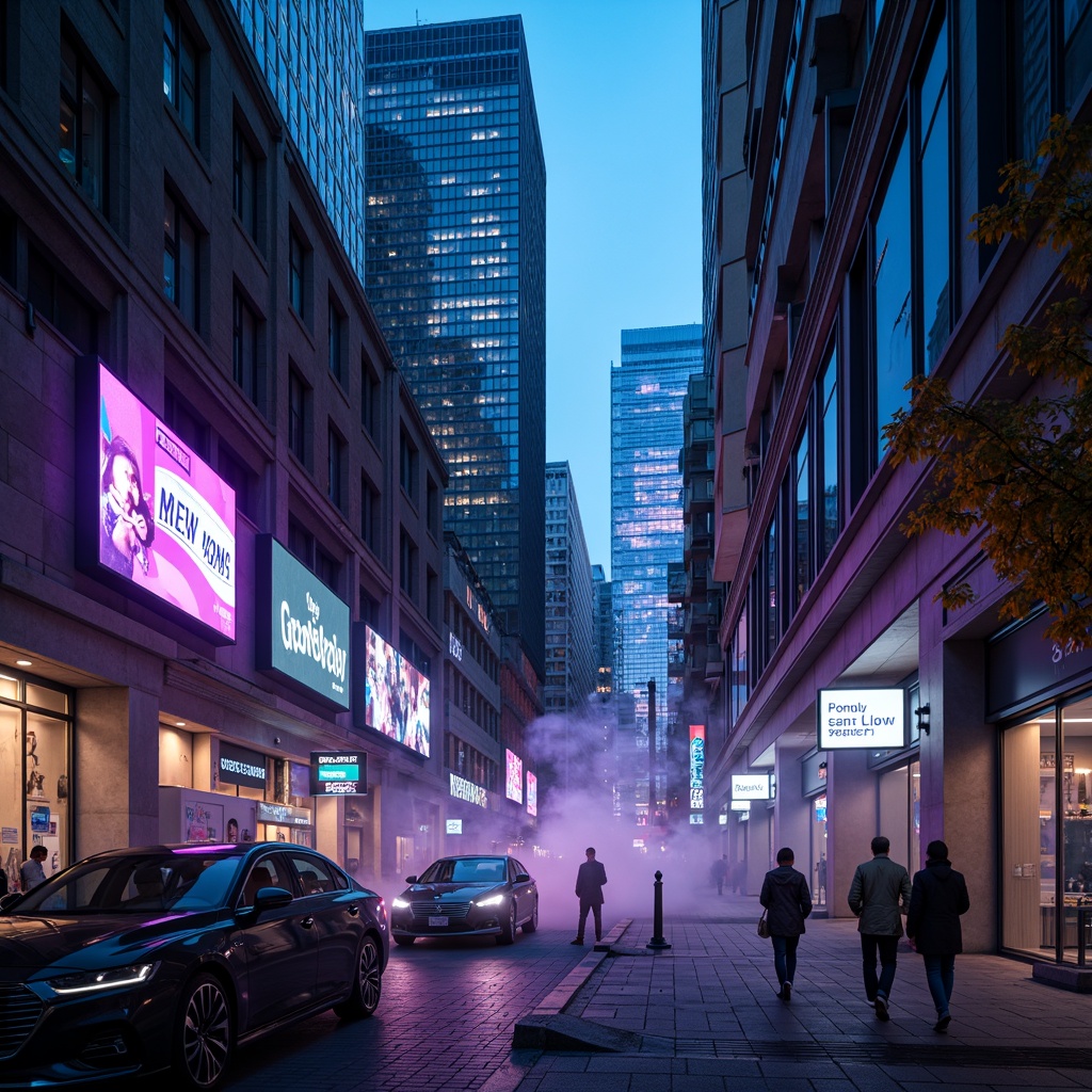 Prompt: Neon-lit cityscape, metallic skyscrapers, holographic advertisements, LED lights, dark alleys, cyberpunk atmosphere, futuristic vehicles, high-tech gadgetry, robotic machinery, sleek minimalism, neon blue accents, electric purple hues, silver chrome finishes, matte black textures, glassy reflections, 3D holographic projections, cinematic lighting, shallow depth of field, dynamic composition, atmospheric fog effects.