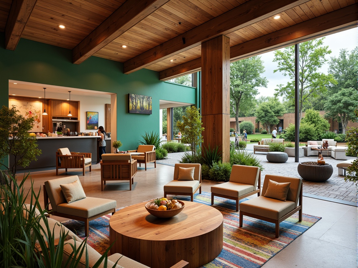 Prompt: Cozy community lounge, warm wooden accents, plush furniture, natural stone flooring, vibrant green walls, eclectic artwork, communal kitchen, shared dining area, flexible seating arrangements, abundant natural light, large windows, sliding glass doors, outdoor courtyard, lush landscaping, water feature, modern amenities, sustainable materials, energy-efficient systems, accessible pathways, inclusive design, diverse cultural patterns, colorful textiles, dynamic lighting, shallow depth of field, 1/1 composition, realistic textures, ambient occlusion.