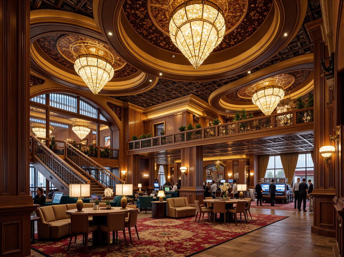 Prompt: Luxurious casino interior, ornate Art Nouveau details, flowing curves, sinuous lines, organic forms, lavish chandeliers, intricate mosaics, ornamental mirrors, velvet drapes, rich wood paneling, elegant furnishings, vibrant jewel-toned colors, metallic accents, geometric patterns, grand staircases, dramatic archways, soft golden lighting, warm atmospheric ambiance, 1/2 composition, shallow depth of field, realistic reflections.