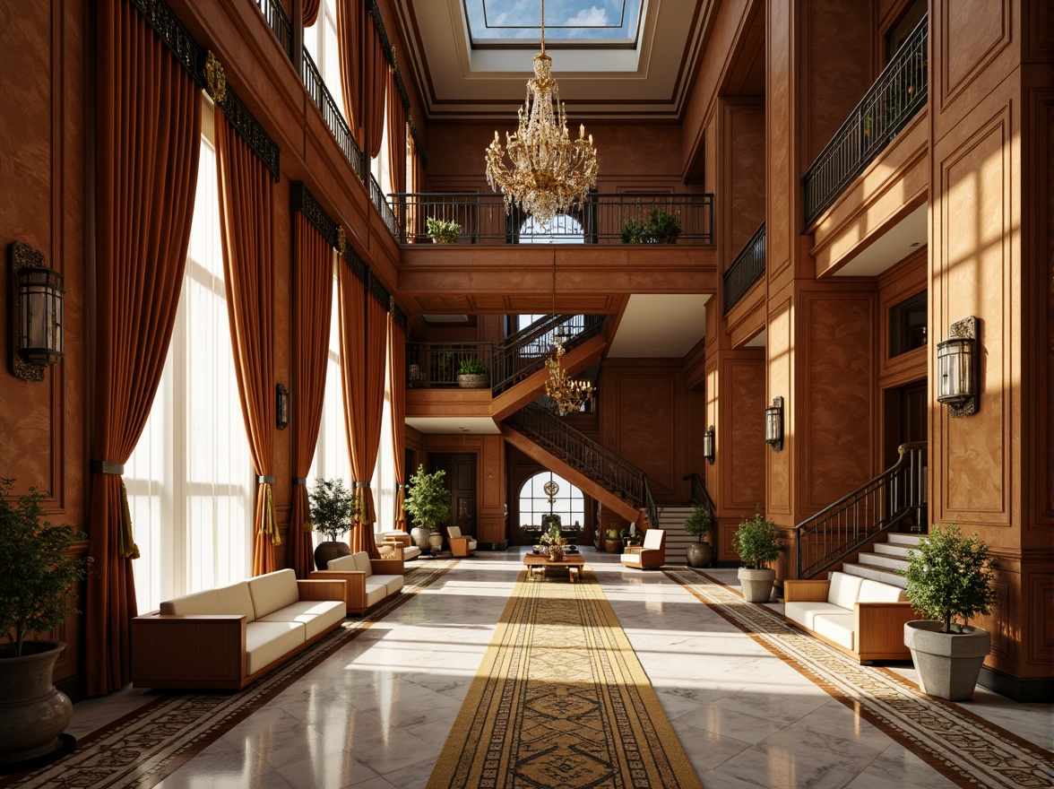 Prompt: Luxurious Art Deco mansion, polished marble floors, ornate bronze fixtures, rich walnut wood panels, velvet drapes, gemstone inlays, geometric patterns, metallic accents, opulent chandeliers, lavish furnishings, sunlit atrium, towering columns, grand staircase, intricate moldings, vintage ornaments, exotic hardwoods, tactile stone carvings, sophisticated color palette, warm golden lighting, cinematic composition, high-contrast shadows.