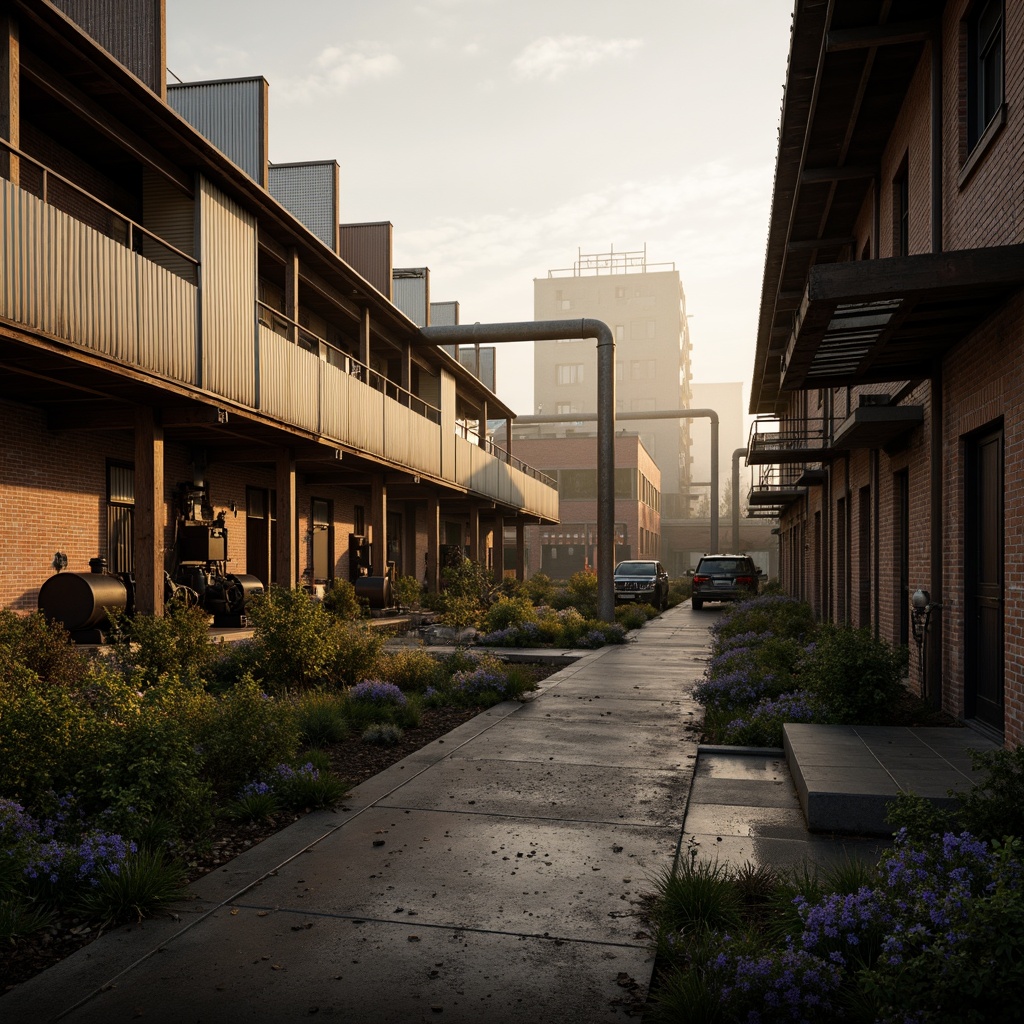 Prompt: Rustic industrial landscape, abandoned factories, worn brick walls, metal corrugated roofs, distressed wood accents, vintage machinery, urban decay, atmospheric mist, warm golden lighting, shallow depth of field, 1/2 composition, cinematic view, realistic textures, ambient occlusion, modern brutalist architecture, functionalism, exposed ductwork, steel beams, concrete floors, minimalist aesthetic, industrial chic decor, reclaimed wood furniture, metal clad buildings, functional fa\u00e7ade design, regionalist architectural style.