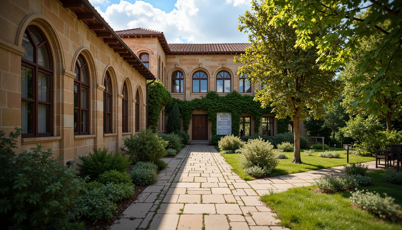 Prompt: Rustic school building, Romanesque style architecture, arched windows, ornate stone carvings, clay roof tiles, vibrant greenery, lush ivy walls, educational signage, natural stone walkways, worn brick pathways, warm earthy tones, soft afternoon lighting, shallow depth of field, 1/2 composition, realistic textures, ambient occlusion.