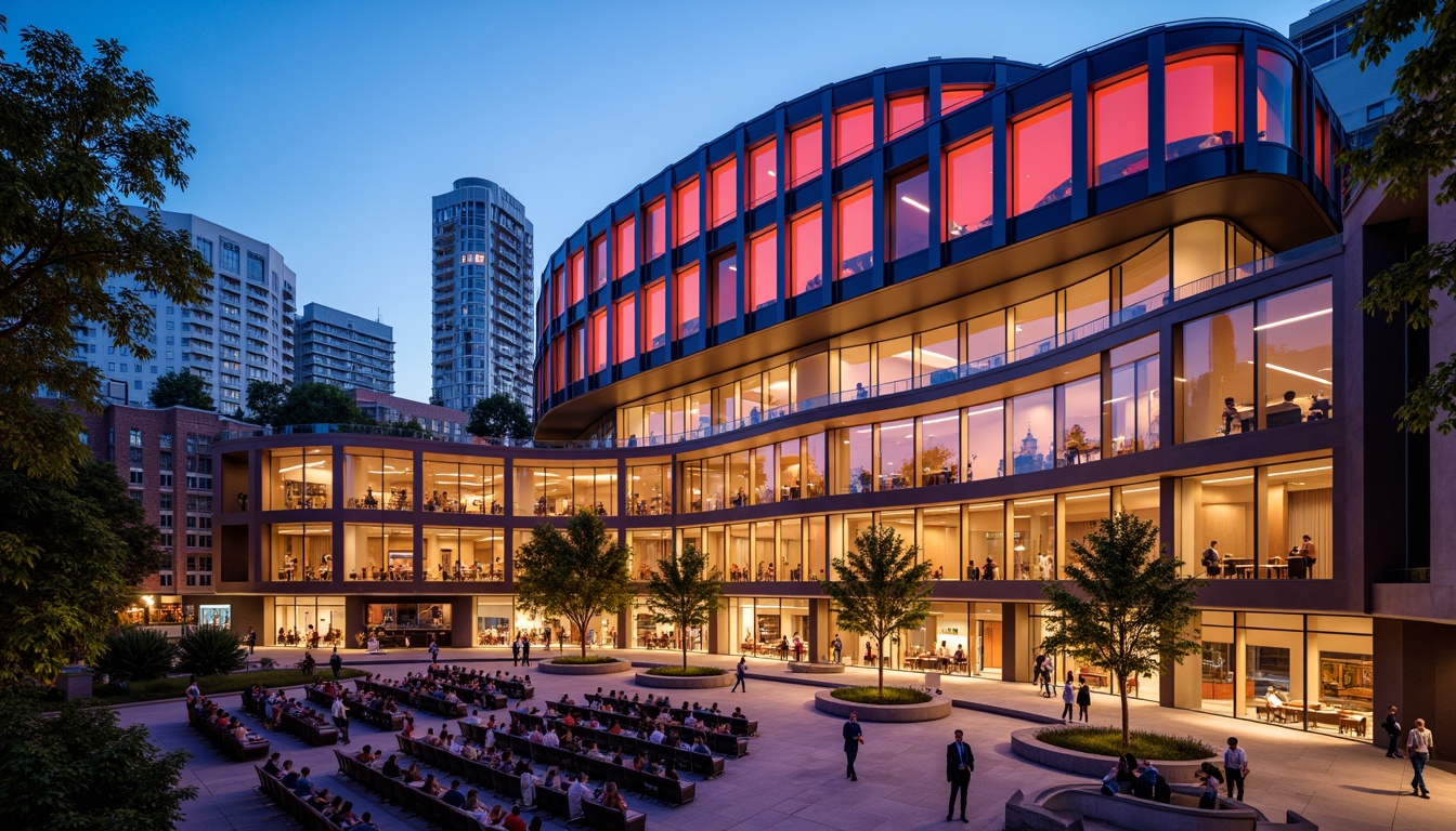 Prompt: Vibrant performing arts center, curved architecture, bold color schemes, dynamic stage lighting, movable seating arrangements, flexible performance spaces, open-plan foyers, transparent glass facades, natural wood accents, polished concrete floors, urban cityscape views, bustling streetscapes, warm evening ambiance, soft box lighting, shallow depth of field, 2/3 composition, cinematic camera angles, realistic textures, ambient occlusion.