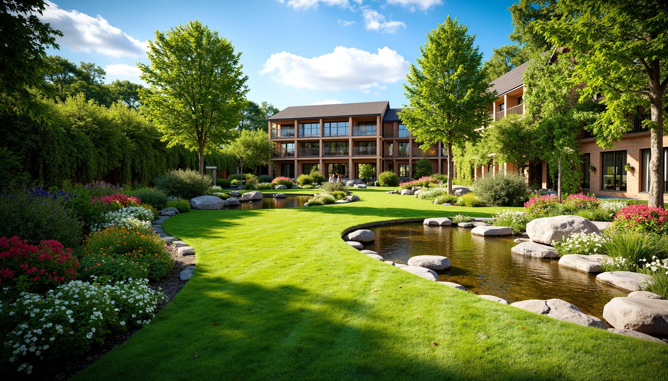 Prompt: Lush green lawn, vibrant flowerbeds, ornamental trees, meandering pathways, rustic stone walls, wooden fences, serene water features, tranquil ponds, colorful garden benches, natural rock formations, blooming shrubs, sunny day, soft warm lighting, shallow depth of field, 3/4 composition, panoramic view, realistic textures, ambient occlusion.