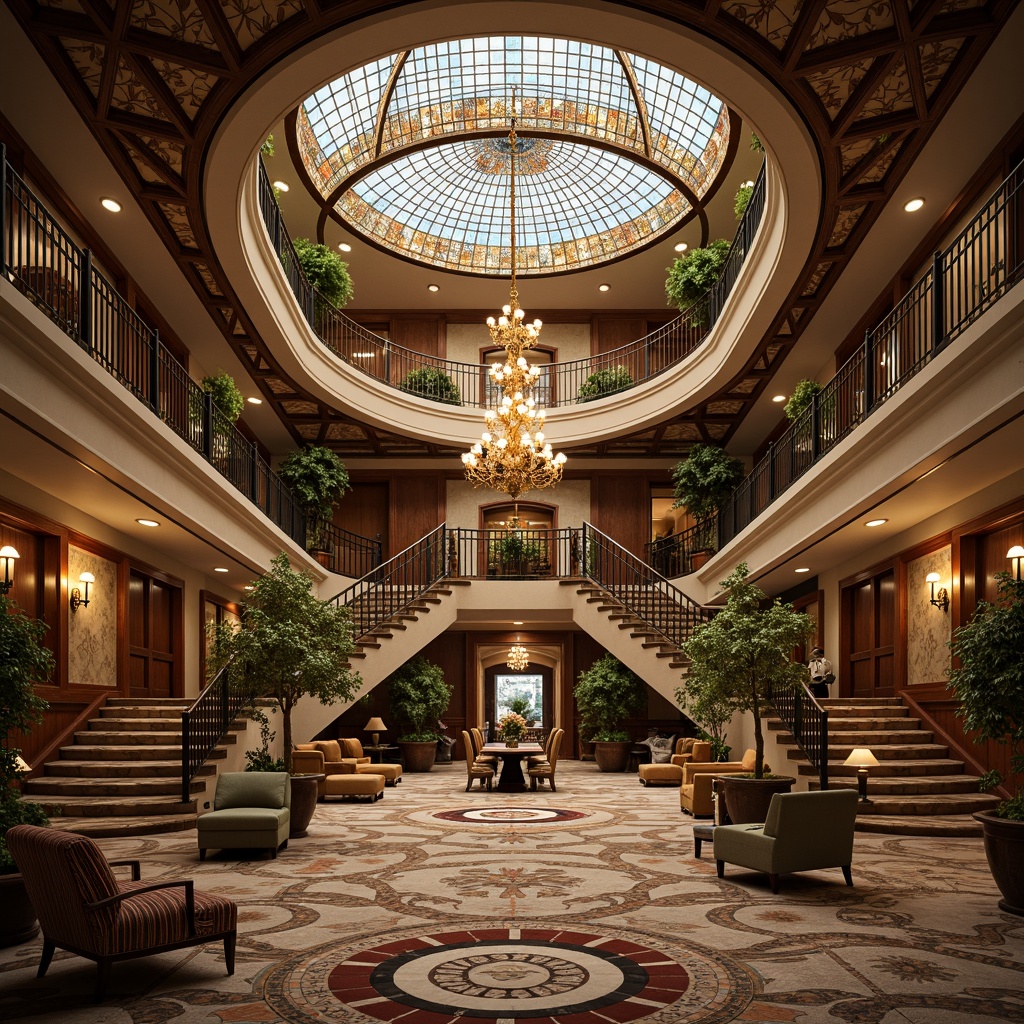 Prompt: Ornate hotel lobby, curved lines, flowing organic forms, luxurious furnishings, rich textiles, intricate mosaics, stained glass ceilings, grand staircases, ornamental railings, lavish chandeliers, soft warm lighting, shallow depth of field, 3/4 composition, panoramic view, realistic textures, ambient occlusion, innovative materials, iridescent glass, mother-of-pearl inlays, hand-painted ceramics, ornate metalwork, carved wooden paneling, velvet drapes, plush carpets, Art Nouveau patterns, sinuous curves, flowing shapes.