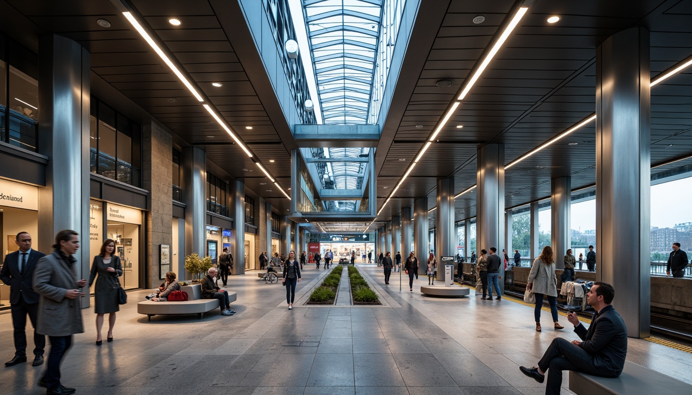 Prompt: Modern metro station interior, sleek glass ceilings, stainless steel columns, polished granite floors, vibrant LED lighting, comfortable seating areas, futuristic digital displays, clear signage systems, efficient crowd control measures, spacious platforms, natural stone walls, urban cityscape views, rush hour atmosphere, warm color tones, shallow depth of field, 1/2 composition, realistic textures, ambient occlusion.