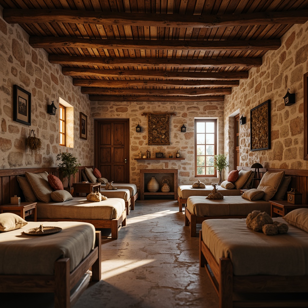 Prompt: Cozy dormitory interior, natural wood accents, rustic stone walls, earthy color palette, traditional vernacular architecture, wooden beams, clay tile roofs, woven textiles, local handmade crafts, warm ambient lighting, soft focus, shallow depth of field, 1/2 composition, intimate atmosphere, cultural heritage inspiration.