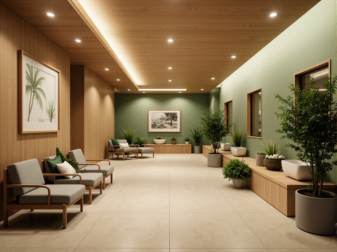 Prompt: Calming healthcare center, soft warm lighting, gentle color temperatures, comfortable waiting areas, natural wood accents, soothing water features, peaceful green walls, minimalist decor, modern medical equipment, sleek metal fixtures, warm beige flooring, cozy reading nooks, calming artwork, subtle texture variations, shallow depth of field, 1/1 composition, realistic renderings, ambient occlusion.