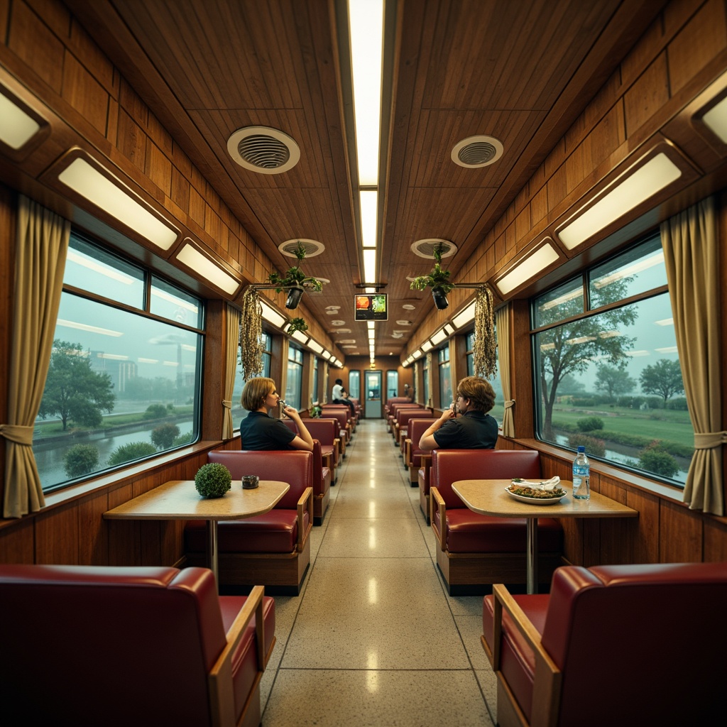 Prompt: Streamlined train station, Art Deco influences, curved lines, metallic accents, rich wood tones, luxurious leather upholstery, polished chrome fixtures, vibrant turquoise hues, deep crimson reds, creamy whites, warm golden lighting, atmospheric fog effects, shallow depth of field, 2/3 composition, dynamic angular views, realistic reflections, ambient occlusion.