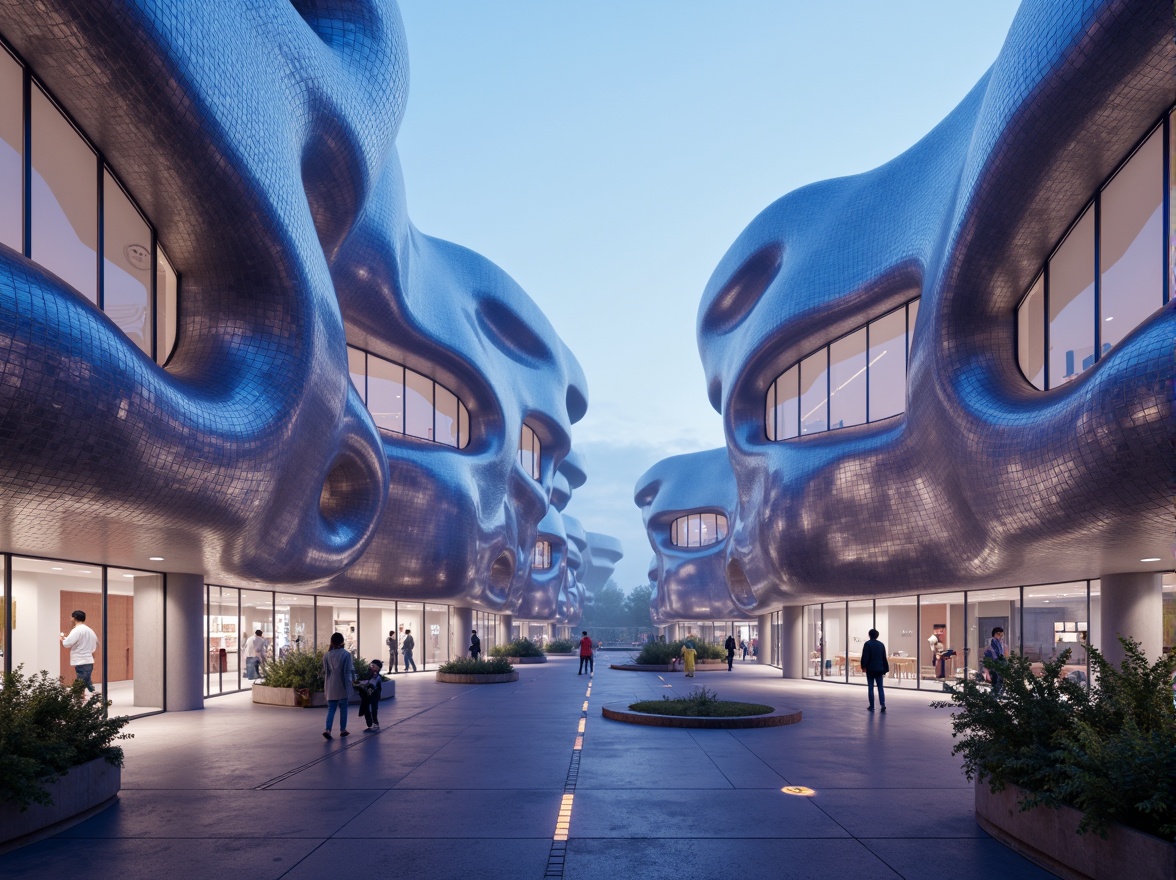 Prompt: Organic blob-shaped buildings, iridescent materials, translucent membranes, glowing accents, soft luminescent lighting, undulating walls, fluidic forms, biomimetic structures, sustainable eco-friendly materials, recycled plastics, natural fibers, 3D printed components, parametric design, futuristic aesthetic, neon-lit ambiance, misty atmospheric effects, shallow depth of field, panoramic view, realistic textures, ambient occlusion.