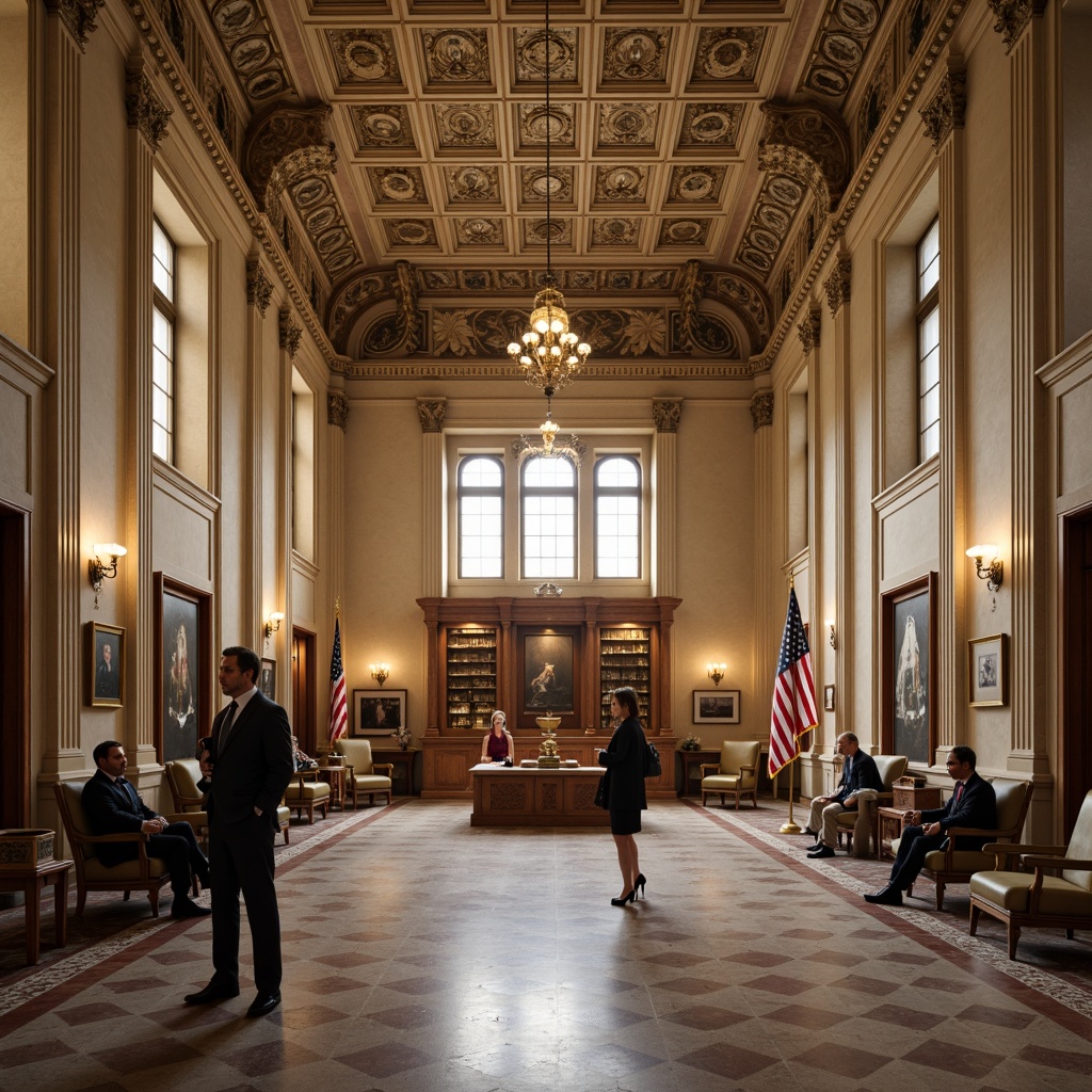 Prompt: Historic courthouse, neoclassical architecture, grand entrance, majestic columns, ornate details, traditional color scheme, earthy tones, warm beige, rich wood accents, solemn atmosphere, natural light, high ceilings, spacious hallways, elegant chandeliers, sophisticated furniture, patriotic symbols, American flags, justice icons, formal attire, dignified ambiance, soft box lighting, subtle texture overlay, realistic rendering.