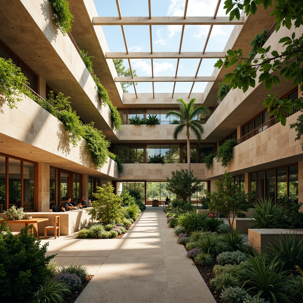 Prompt: Vibrant atrium, lush greenery, natural stone walls, floor-to-ceiling windows, clerestory windows, skylights, open-plan interior, minimalist decor, wooden accents, earthy tones, warm beige colors, diffused soft lighting, morning sunlight, afternoon shadows, 1/2 composition, shallow depth of field, realistic textures, ambient occlusion.