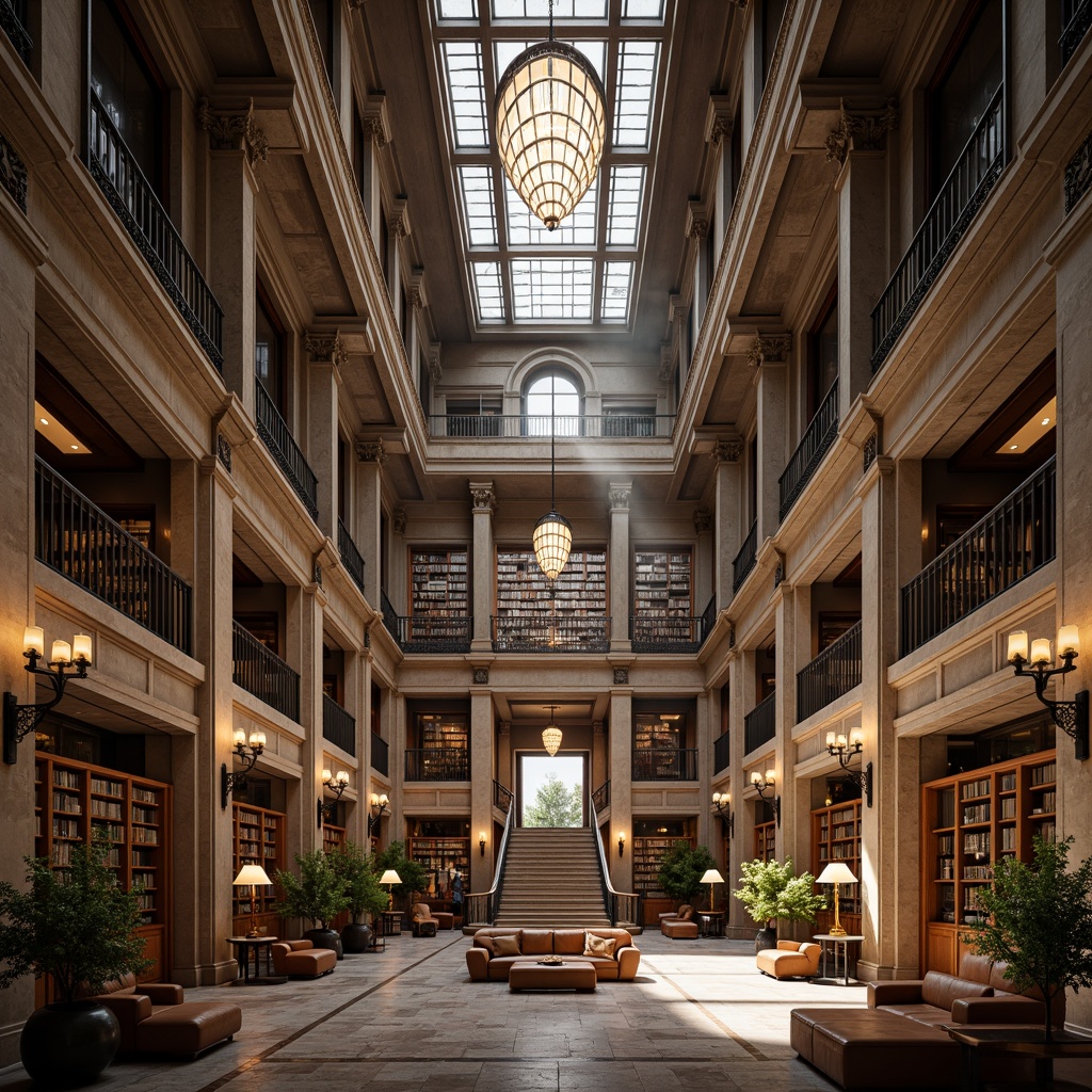 Prompt: Grandiose library facade, neoclassical architecture, ornate columns, carved stone details, symmetrical composition, grand entrance, sweeping staircases, majestic atrium, high ceilings, elegant chandeliers, rich wood tones, leather-bound books, comfortable reading nooks, natural light pouring in, soft warm glow, 1/1 composition, realistic textures, ambient occlusion, subtle depth of field.