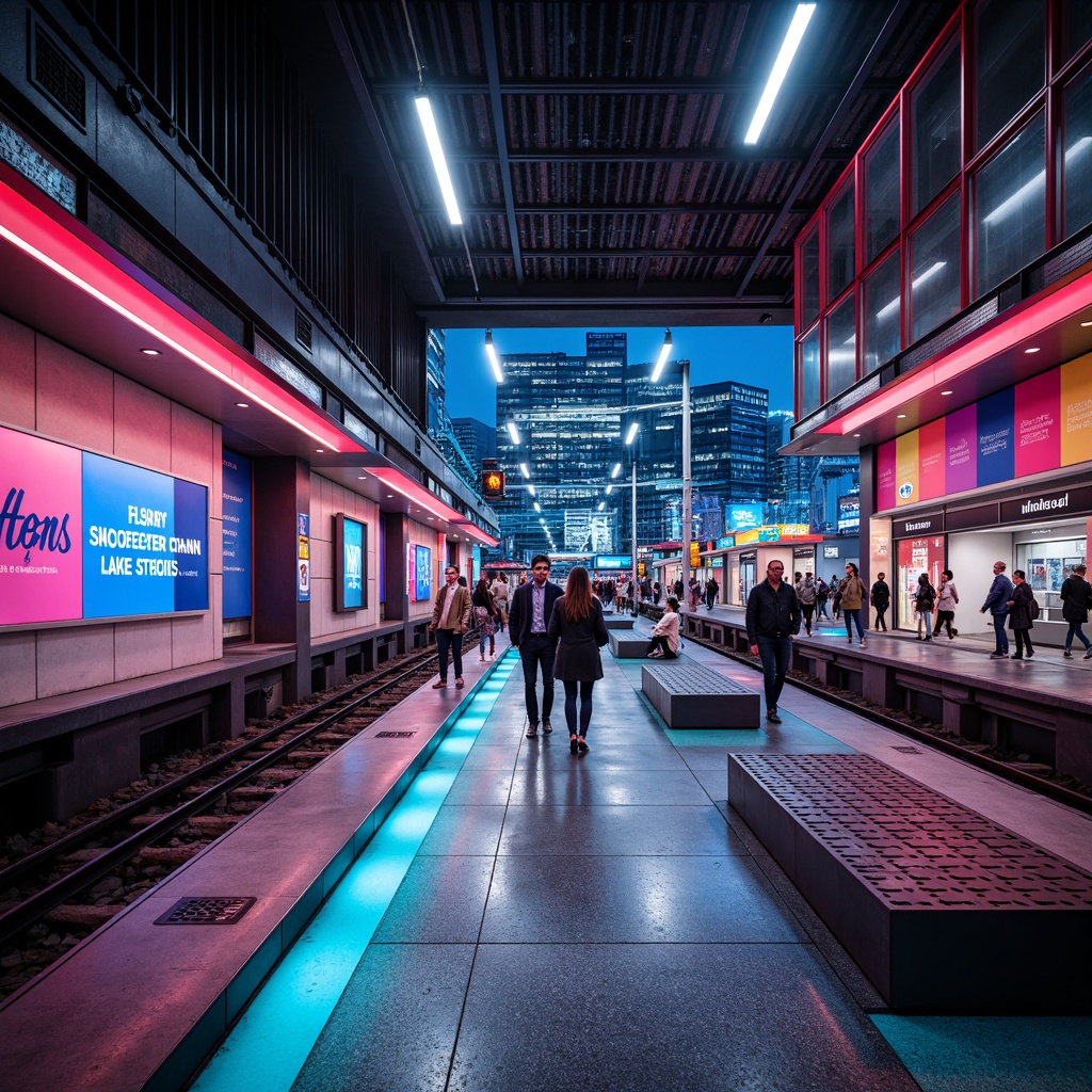 Prompt: Vibrant metro station, dynamic color scheme, contrasting hues, bright accent walls, bold typography, modern signage, sleek platforms, stainless steel railings, polished granite floors, futuristic lighting fixtures, LED strip lights, atmospheric misting systems, urban cityscape views, rush hour crowds, busy pedestrian traffic, abstract geometric patterns, neon-inspired advertisements, high-contrast photography, shallow depth of field, 1/1 composition, realistic textures, ambient occlusion.