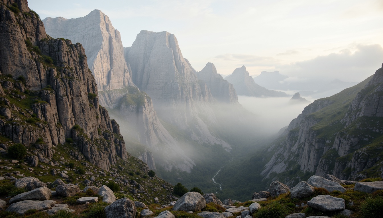 Prompt: Majestic mountain range, rugged rocky formations, serene misty atmosphere, earthy tone color palette, moss-covered stones, weathered wooden accents, natural linen textures, soft warm lighting, shallow depth of field, 1/2 composition, realistic rock details, ambient occlusion, gentle fog effects, subtle gradient skies, creamy whites, soothing blues, muted greens, rusty reds, earthy browns.