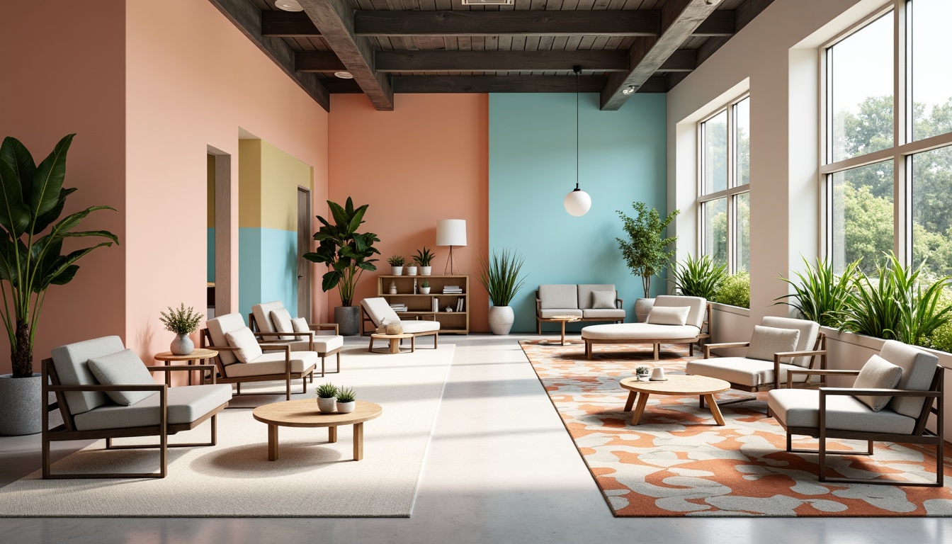 Prompt: Vibrant modern office space, trendy minimalistic decor, pastel color scheme, soft peach tones, calming blue hues, crisp white accents, sleek metal furniture, natural wood textures, geometric patterned rugs, abundant greenery, floor-to-ceiling windows, warm sunny day, shallow depth of field, 3/4 composition, panoramic view, realistic renderings, ambient occlusion.