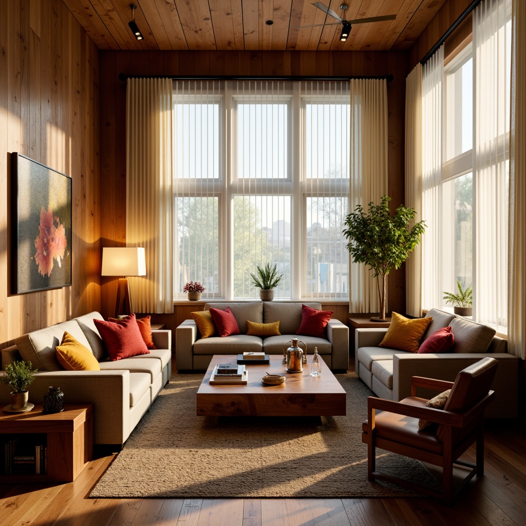 Prompt: Cozy living room, warm golden lighting, soft glowing lamps, comfortable couches, vibrant colorful throw pillows, rustic wooden coffee tables, rich brown leather armchairs, modern minimalist decor, floor-to-ceiling windows, sheer white curtains, natural daylight, subtle shadows, 1/1 composition, shallow depth of field, realistic textures, ambient occlusion.Please let me know if this meets your expectations!