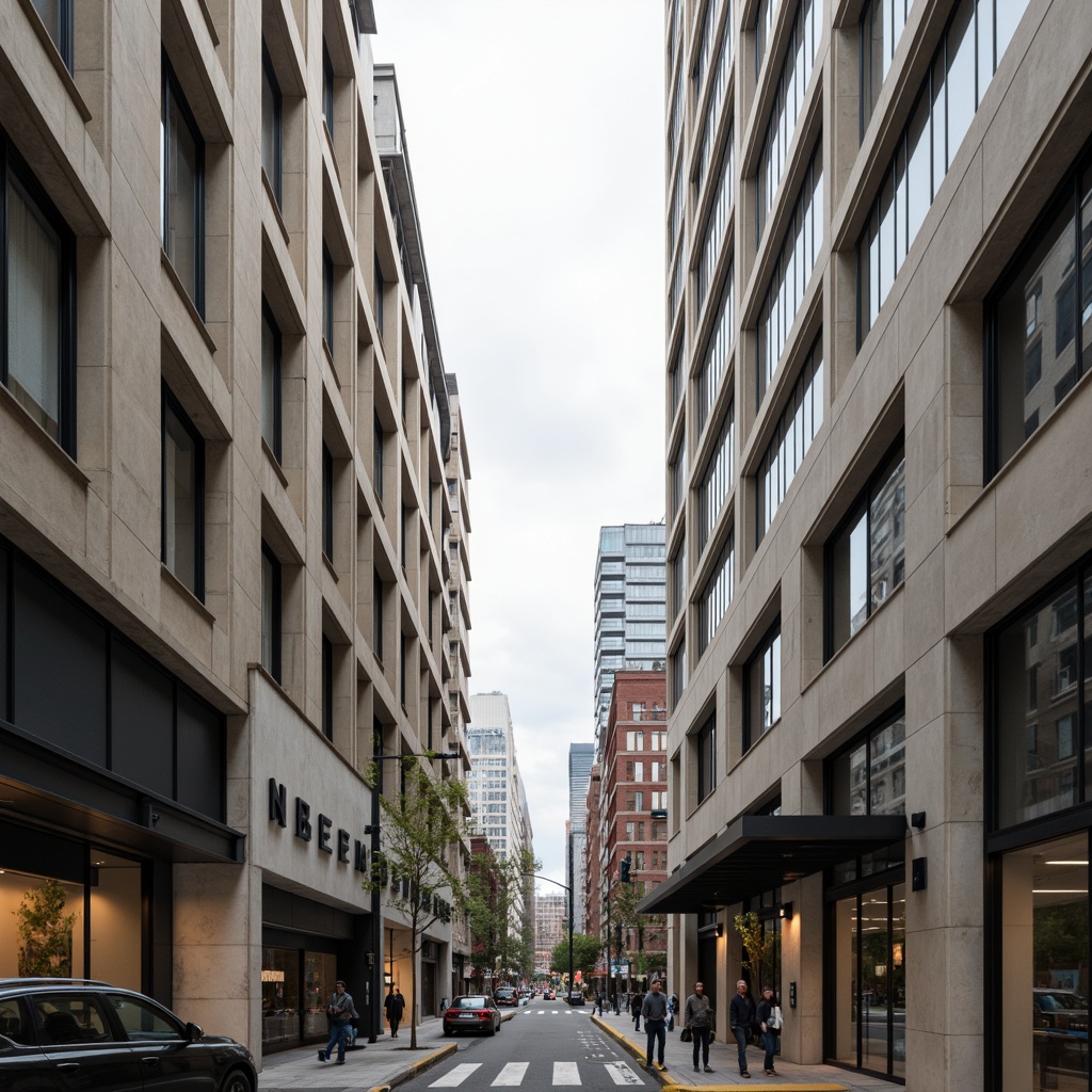 Prompt: Monochromatic color palette, neutral tones, beige concrete walls, silver aluminum frames, black steel beams, glass facades, minimalist ornamentation, clean lines, rectangular forms, functional simplicity, urban cityscape, busy streets, modern skyscrapers, cloudy day, soft diffused lighting, shallow depth of field, 2/3 composition, symmetrical view, realistic reflections, ambient occlusion.