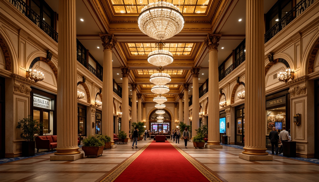 Prompt: Grandiose casino facade, ornate Corinthian columns, intricately carved stonework, lavish golden details, majestic archways, symmetrical composition, grand entrance, red carpet, crystal chandeliers, opulent interior design, luxurious textures, warm ambient lighting, shallow depth of field, 1/1 composition, realistic reflections, detailed architectural ornaments, subtle gradient maps.