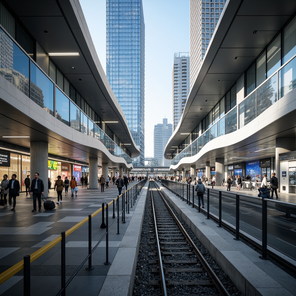 Prompt: Sleek transportation hubs, curved streamline architecture, modern metallic materials, polished chrome accents, futuristic LED lighting, dynamic fluid shapes, aerodynamic lines, high-speed rail networks, bustling urban centers, morning rush hour atmosphere, soft natural light, shallow depth of field, 1/2 composition, panoramic view, realistic reflections, ambient occlusion.