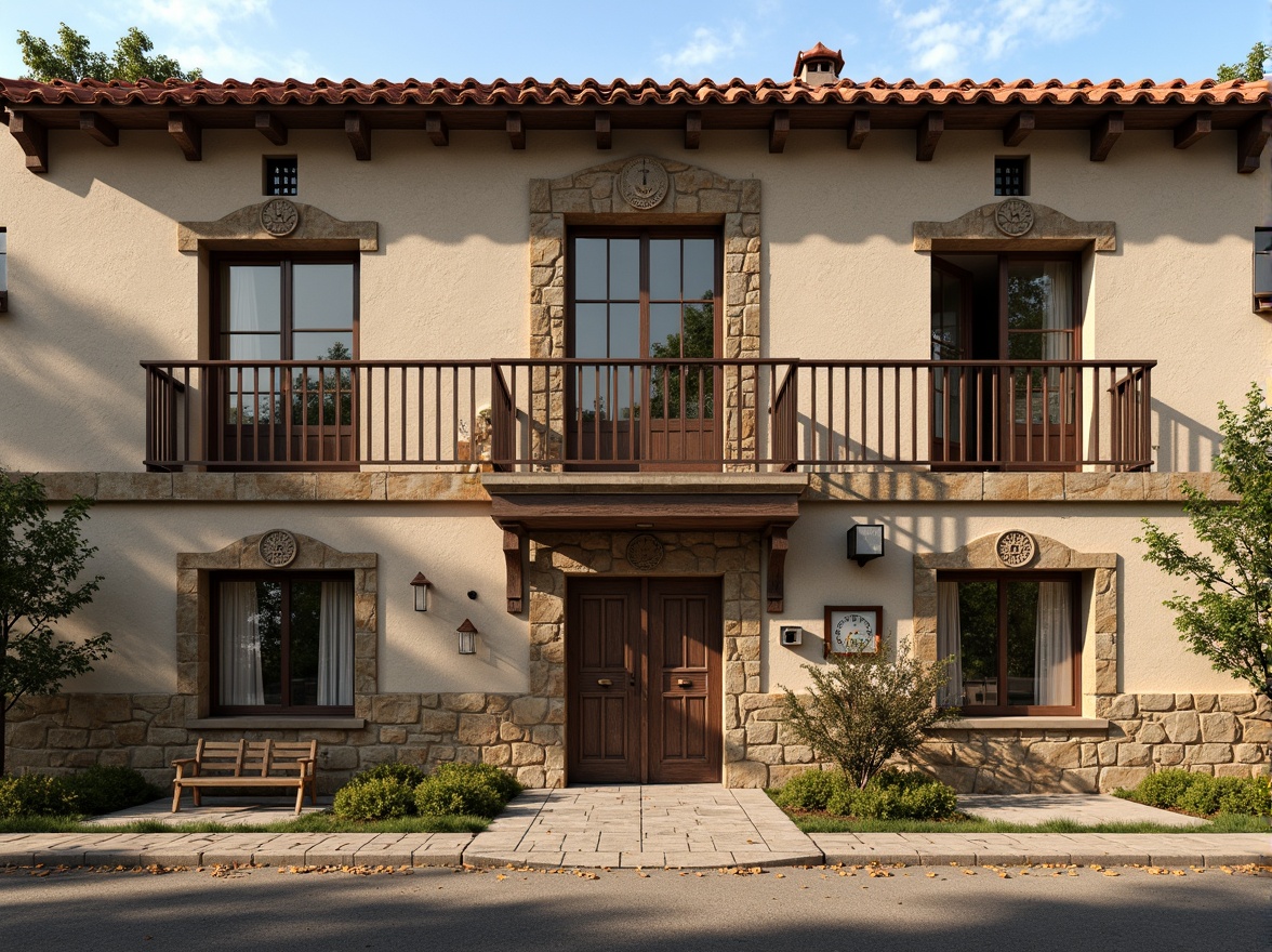 Prompt: Rustic school building, Romanesque style, weathered stone walls, arched windows, ornate carvings, red terracotta roof tiles, worn wooden doors, distressed metal hardware, earthy color palette, natural textures, warm afternoon lighting, soft shadows, 1/2 composition, symmetrical framing, realistic renderings, ambient occlusion, subtle color grading.