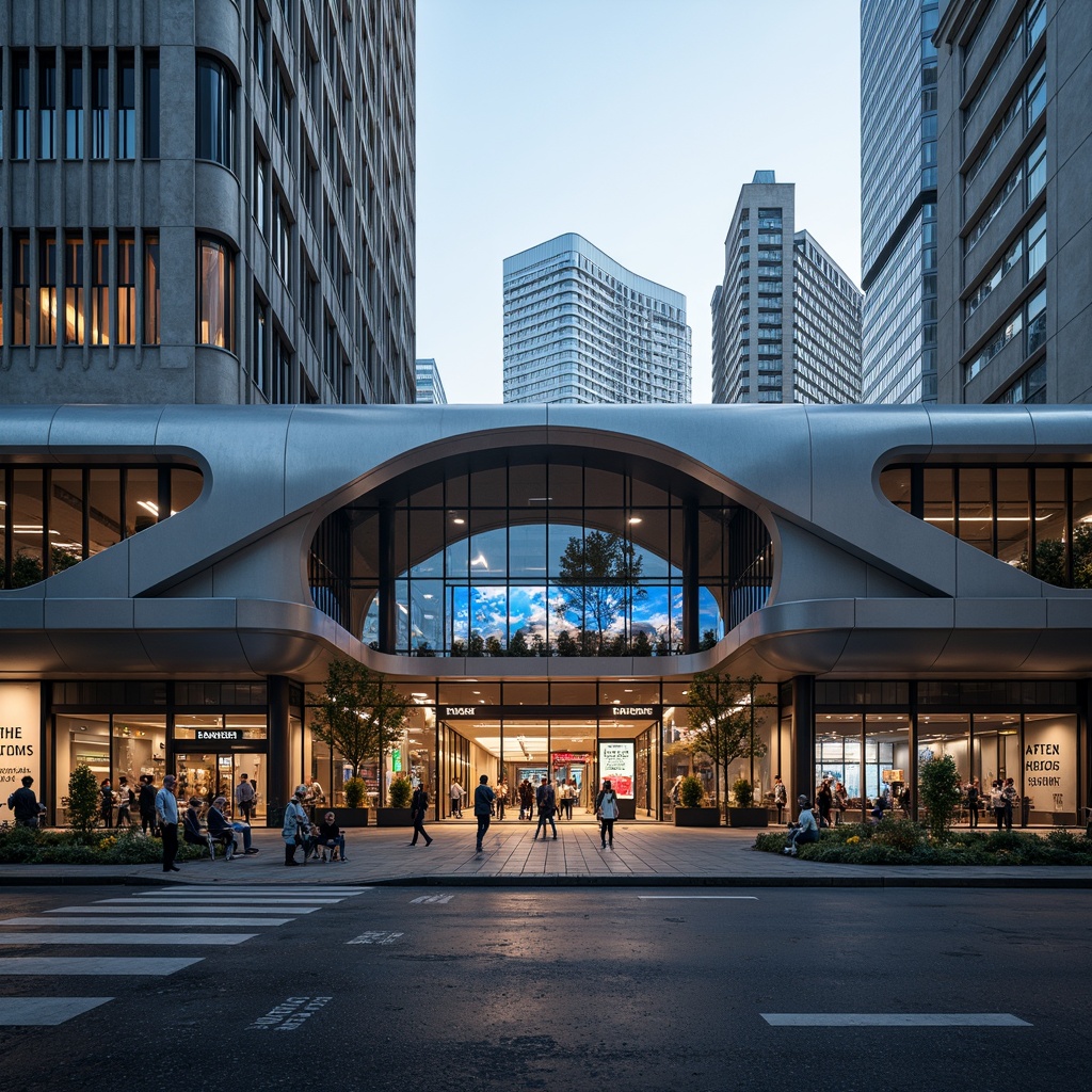 Prompt: Sleek train station, curved lines, metallic surfaces, large glass windows, minimalist architecture, modernist style, industrial materials, exposed ductwork, urban cityscape, busy streets, pedestrian traffic, rush hour atmosphere, soft evening lighting, shallow depth of field, 3/4 composition, symmetrical facade, cantilevered roofs, vertical fins, horizontal louvers, futuristic vibe, dynamic shapes, bold color schemes, neon signage, illuminated advertising displays, bustling platform activity, commuter crowds.