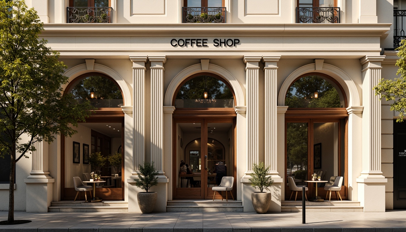 Prompt: Elegant coffee shop facade, neoclassical architecture style, symmetrical composition, ornate details, grand entrance, arched windows, Corinthian columns, cream-colored stone walls, subtle rustication, decorative pilasters, ornamental pediment, rich wood accents, bronze door handles, vintage-inspired signage, soft warm lighting, inviting atmosphere, urban street context, morning sunlight, shallow depth of field, 1/2 composition, realistic textures, ambient occlusion.