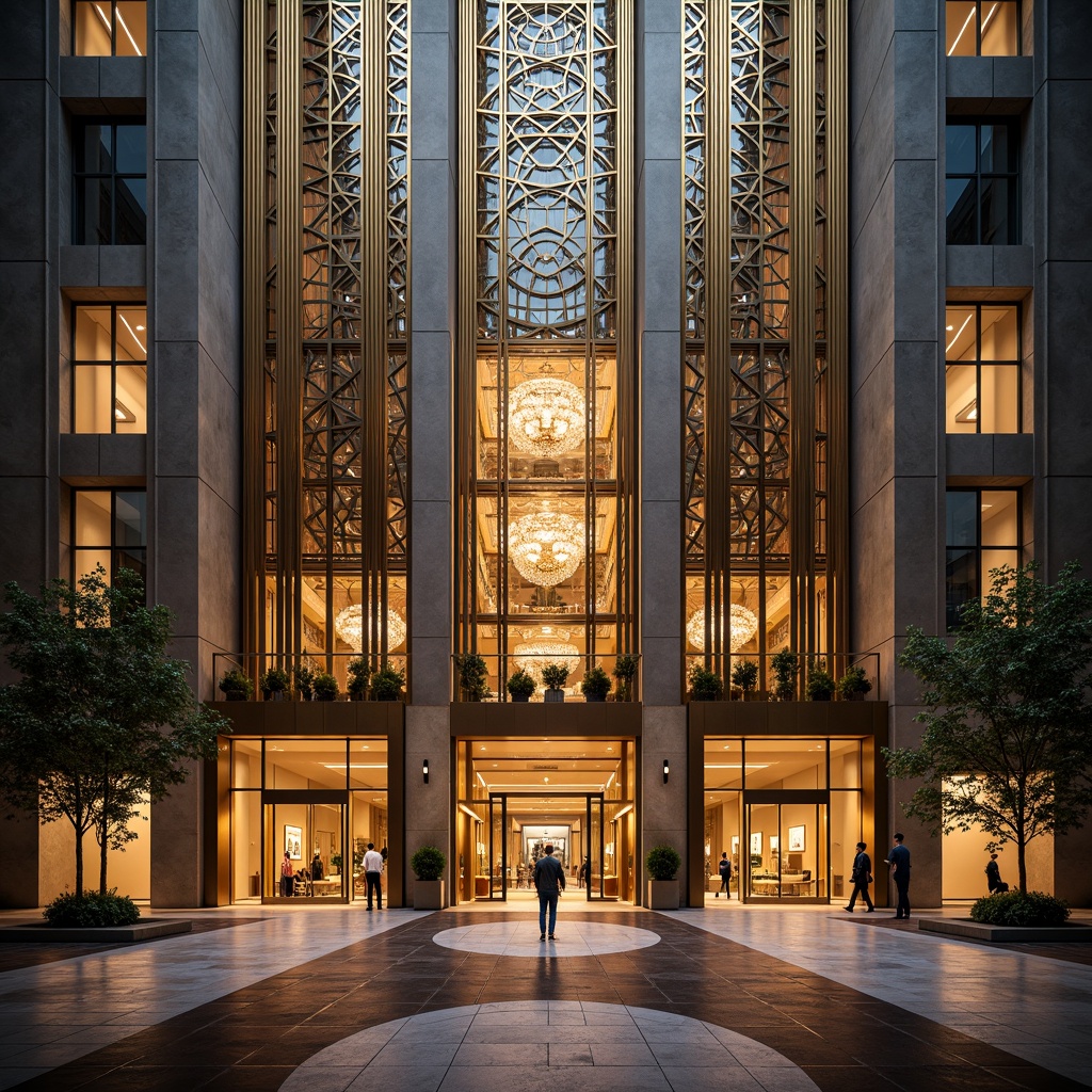 Prompt: Glamorous office building, ornate Art Deco facade, geometric patterns, metallic accents, grand entrance, revolving doors, polished marble lobby, luxurious chandeliers, high ceilings, large windows, vertical lines, symmetrical composition, warm golden lighting, shallow depth of field, 1/2 composition, realistic textures, ambient occlusion.