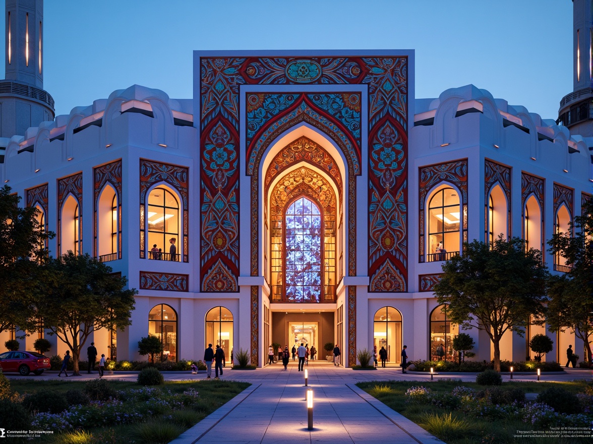 Prompt: Vibrant Islamic-inspired architecture, intricate geometric motifs, symmetrical compositions, bold color schemes, ornate tile work, angular lines, futuristic design elements, 3D modeling, abstract shapes, metallic accents, LED lighting installations, modern urban landscape, cityscape at dusk, warm glowing ambiance, shallow depth of field, 1/1 composition, panoramic view, realistic textures, ambient occlusion.