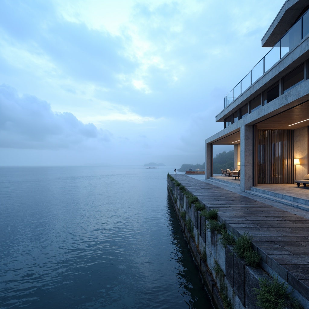 Prompt: \Calm ocean waves, soft blue mist, serene cloudy skies, gentle sea breeze, rustic wooden docks, weathered stone walls, modern nautical architecture, sleek glass railings, minimalist decorative elements, soothing ambient lighting, shallow depth of field, 3/4 composition, realistic textures, subtle gradient effects, gentle color transitions.\