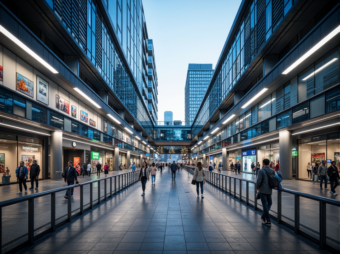 Prompt: Modern metro station, sleek glass facades, steel structural frames, polished concrete floors, vibrant LED lighting, futuristic escalators, advanced signage systems, durable ceramic tiles, energy-efficient roofing systems, natural ventilation strategies, urban cityscape views, bustling pedestrian traffic, morning rush hour atmosphere, soft indirect lighting, shallow depth of field, 1/2 composition, symmetrical framing, high-contrast color palette.