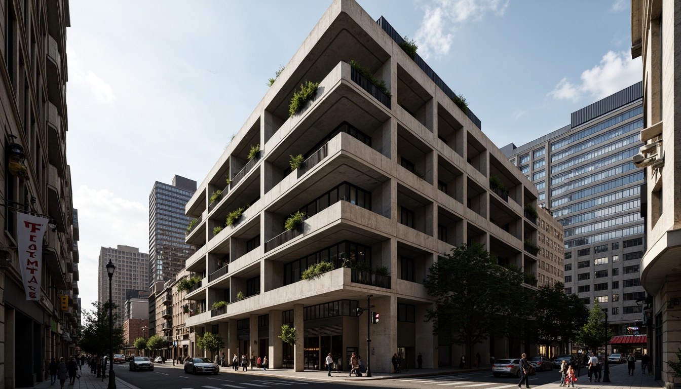 Prompt: Rugged brutalist building, exposed concrete walls, raw steel beams, industrial-style windows, cantilevered rooflines, dramatic shadows, urban cityscape, busy streets, modern skyscrapers, dense metropolitan area, harsh overhead lighting, deep depth of field, 1/1 composition, low-angle shot, gritty textures, ambient occlusion.