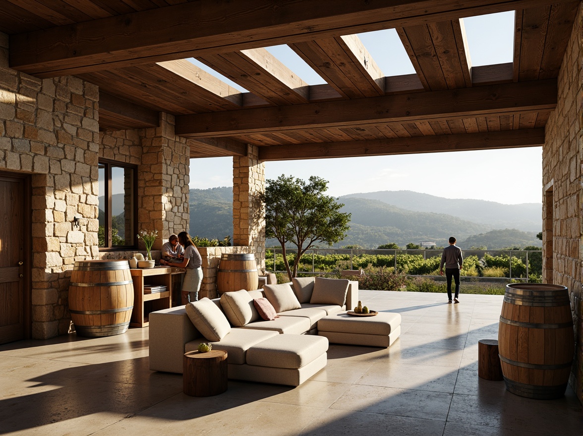 Prompt: Rustic winery, stone walls, wooden barrels, vineyard views, rolling hills, Mediterranean landscape, modern structuralist architecture, clean lines, minimalist design, industrial chic, metal accents, reclaimed wood, earthy tones, natural light, clerestory windows, open floor plan, functional spaces, wine cellar, tasting room, fermentation tanks, oak aging rooms, rustic decor, warm ambient lighting, shallow depth of field, 2/3 composition, realistic textures, ambient occlusion.