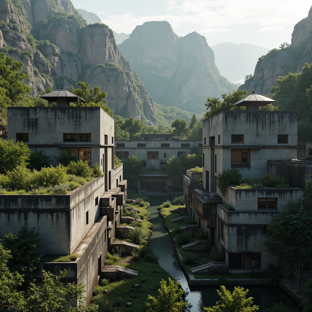 Prompt: Rugged brutalist buildings, raw concrete textures, fortress-like structures, lush green roofs, overgrown vegetation, industrial landscapes, abandoned factories, rusty metal accents, weathered wood elements, dramatic shading, harsh natural light, moody atmospheric conditions, cinematic composition, symmetrical framing, high contrast ratio, bold geometric forms, fragmented rock formations, windswept trees, misty foggy mornings, soft diffused lighting, 2.5D perspective, atmospheric perspective.