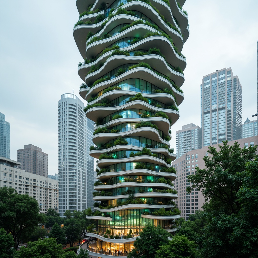 Prompt: Curvaceous skyscraper, undulating balconies, iridescent glass fa\u00e7ade, flowing organic lines, soft rounded edges, futuristic blob-like architecture, vibrant green walls, lush rooftop gardens, cantilevered floors, twisted metal beams, whimsical cloud-inspired shapes, dreamy atmospheric lighting, shallow depth of field, 1/1 composition, panoramic view, realistic textures, ambient occlusion.