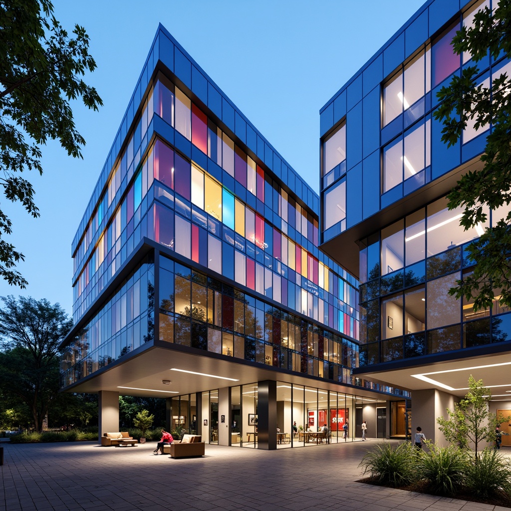 Prompt: Modern hospital building, constructivist architecture style, angular metal facade, geometric patterned cladding, vibrant colored glass panels, LED lighting strips, cantilevered rooflines, asymmetrical composition, bold structural elements, industrial materials, exposed ductwork, minimalist interior design, natural light infusion, 1/1 composition, high-contrast shading, realistic textures, ambient occlusion.