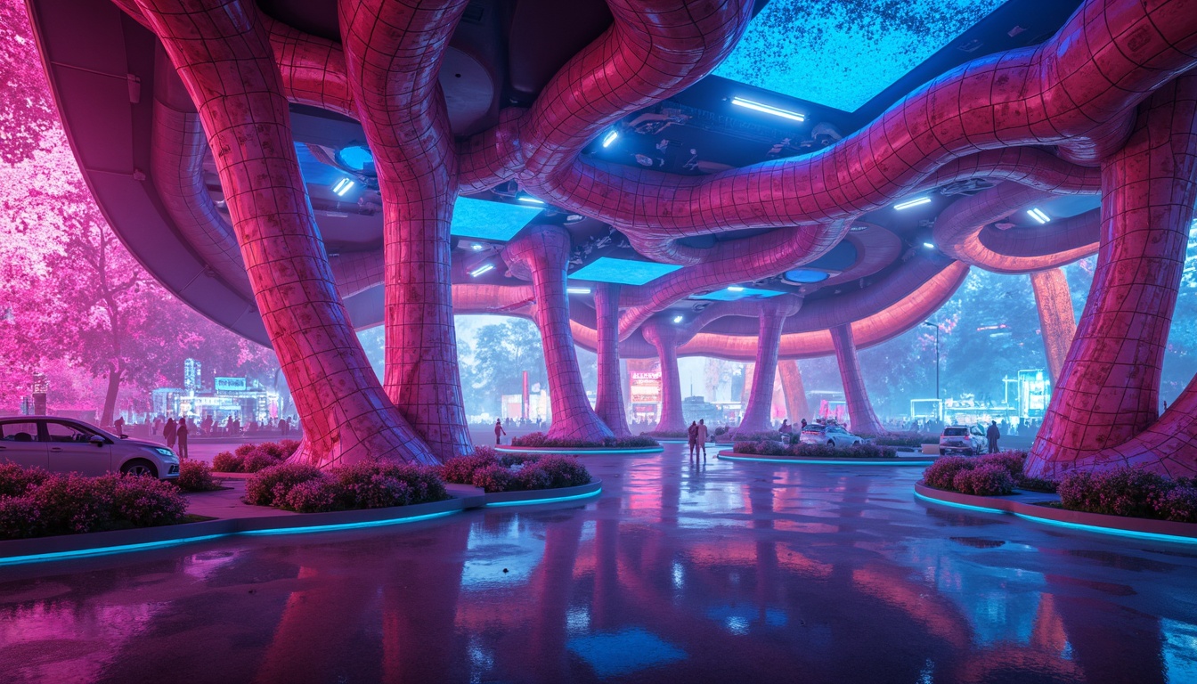 Prompt: Vibrant color palette, neon hues, glowing accents, iridescent materials, shimmering fabrics, luminous lighting, futuristic ambiance, curved blob-like structures, organic shapes, flowing lines, dynamic forms, abstract patterns, psychedelic inspirations, bold contrasting colors, metallic finishes, glassy reflections, holographic effects, 3D projections, immersive environments, virtual reality integrations, neon-lit cityscapes, cyberpunk influences.