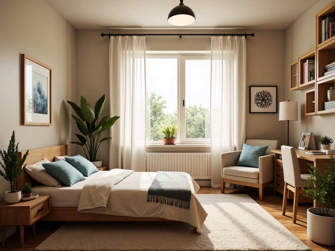 Prompt: Cozy dorm room, warm beige walls, soft cream bedding, rich wood furniture, plush area rug, calming blue accents, natural light pouring in, sheer white curtains, modern minimalist decor, sleek metal frames, vibrant green plants, comfortable reading nook, warm task lighting, 1/1 composition, shallow depth of field, realistic textures, ambient occlusion.