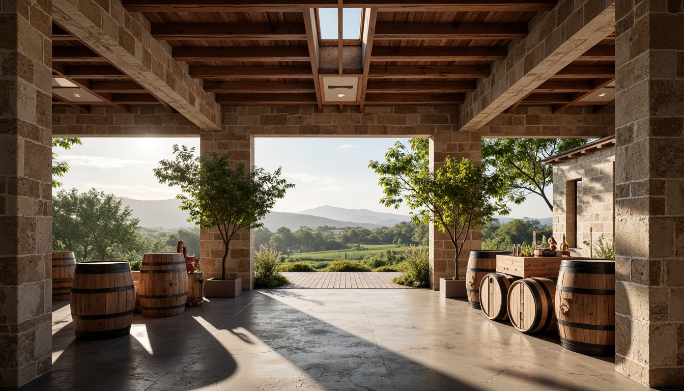 Prompt: Rustic winery, stone walls, wooden barrels, vineyard views, rolling hills, Mediterranean landscape, modern structuralist architecture, clean lines, minimalist design, industrial chic, metal accents, reclaimed wood, earthy tones, natural light, clerestory windows, open floor plan, functional spaces, wine cellar, tasting room, fermentation tanks, oak aging rooms, rustic decor, warm ambient lighting, shallow depth of field, 2/3 composition, realistic textures, ambient occlusion.