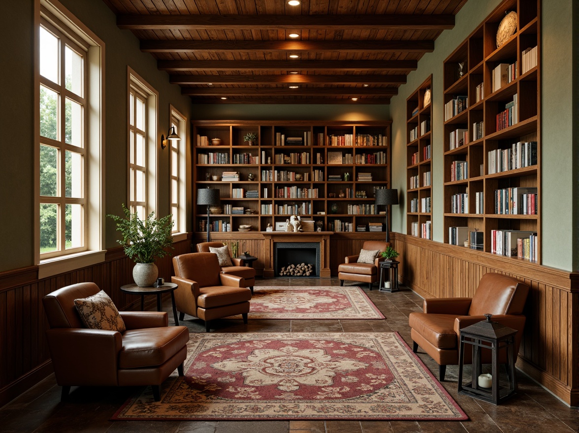 Prompt: Cozy library atmosphere, warm wood tones, rich leather accents, soft golden lighting, comfortable reading nooks, floor-to-ceiling bookshelves, plush area rugs, earthy color scheme, muted green walls, creamy white trim, dark wood furniture, vintage metal lanterns, natural stone flooring, peaceful ambiance, soft focus, shallow depth of field, 1/2 composition, realistic textures, ambient occlusion.