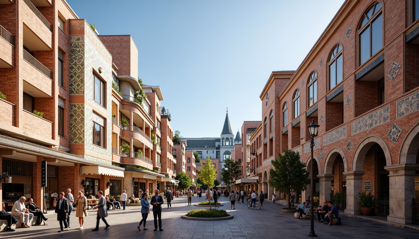 Prompt: Vibrant market square, fusion architecture, eclectic facades, ornate details, intricate stone carvings, colorful tile works, Islamic-inspired arches, grand entranceways, bustling street life, lively atmosphere, warm sunny day, soft natural lighting, shallow depth of field, 1/1 composition, realistic textures, ambient occlusion.