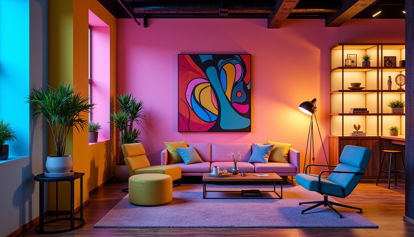 Prompt: Vibrant design studio, modern interior space, bold color palette, bright accent walls, pastel furniture, metallic decor, neon lighting, abstract artwork, sleek floor lamps, minimalist shelves, industrial-chic architecture, urban loft ambiance, dramatic shadows, high-contrast colors, 1/1 composition, shallow depth of field, soft warm glow, realistic textures.