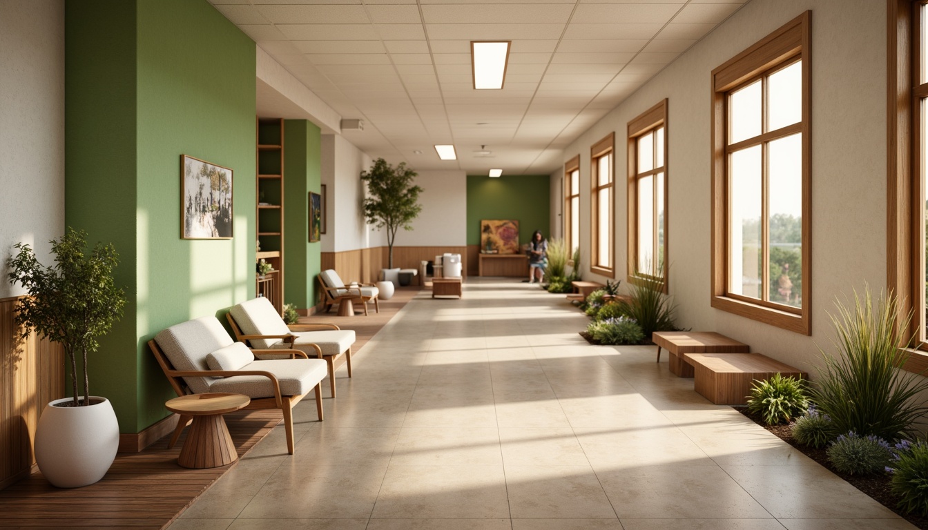 Prompt: Calming healthcare center, soft warm lighting, gentle color temperatures, comfortable waiting areas, natural wood accents, soothing water features, peaceful green walls, minimalist decor, modern medical equipment, sleek metal fixtures, warm beige flooring, cozy reading nooks, calming artwork, subtle texture variations, shallow depth of field, 1/1 composition, realistic renderings, ambient occlusion.