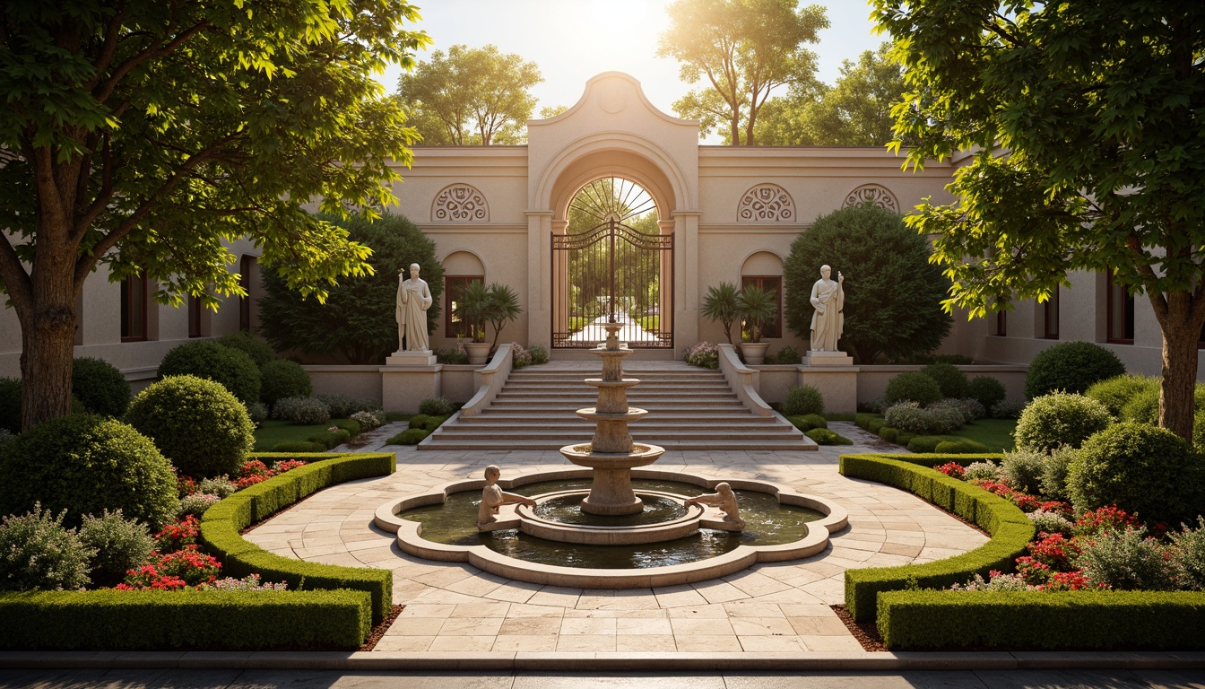 Prompt: Ornate fountain, grand staircase, symmetrical gardens, manicured hedges, topiary trees, vibrant flowerbeds, statues of mythological figures, intricate stone carvings, ornate iron gates, majestic entranceways, dramatic lighting effects, warm golden lighting, shallow depth of field, 1/1 composition, realistic textures, ambient occlusion.