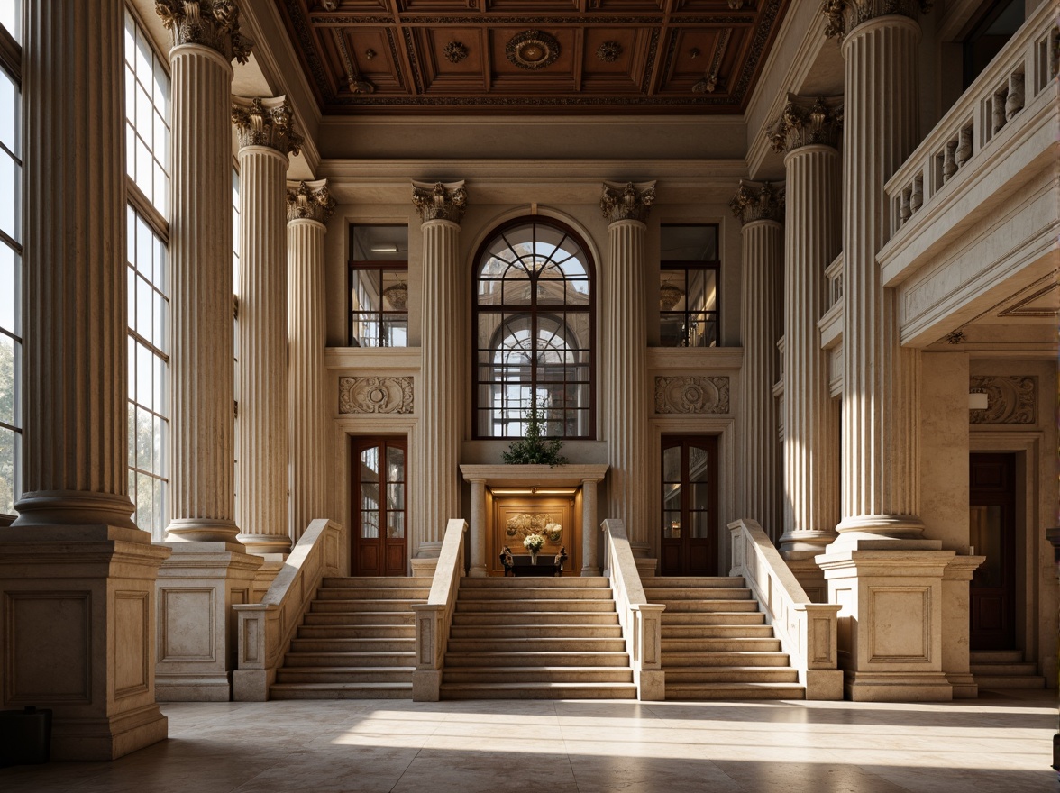 Prompt: Grand library facade, neoclassical columns, ornate details, symmetrical composition, rusticated stone base, Ionic capitals, carved marble decorations, large arched windows, elegant entrance doors, grand staircase, high ceiling interior, natural light pouring, soft warm atmosphere, subtle shadows, 1/2 composition, shallow depth of field, realistic textures, ambient occlusion.