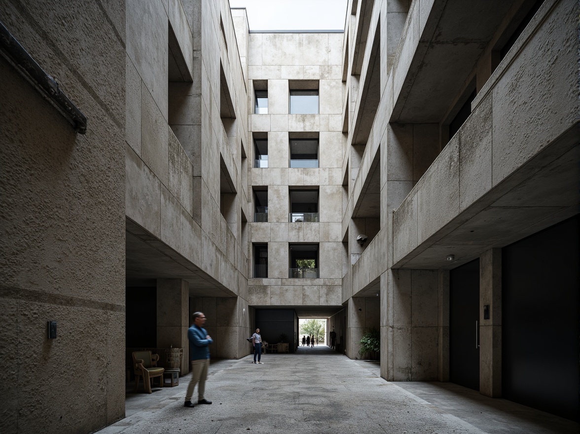 Prompt: Raw concrete walls, rugged stone textures, brutalist architecture, fortress-like buildings, angular lines, geometric shapes, monumental scale, imposing fa\u00e7ades, narrow windows, heavy doors, industrial materials, exposed ductwork, functional pipes, raw metal beams, minimalist decorations, cold atmospheric lighting, dramatic shadows, low-angle photography, 2/3 composition, cinematic mood, realistic renderings.