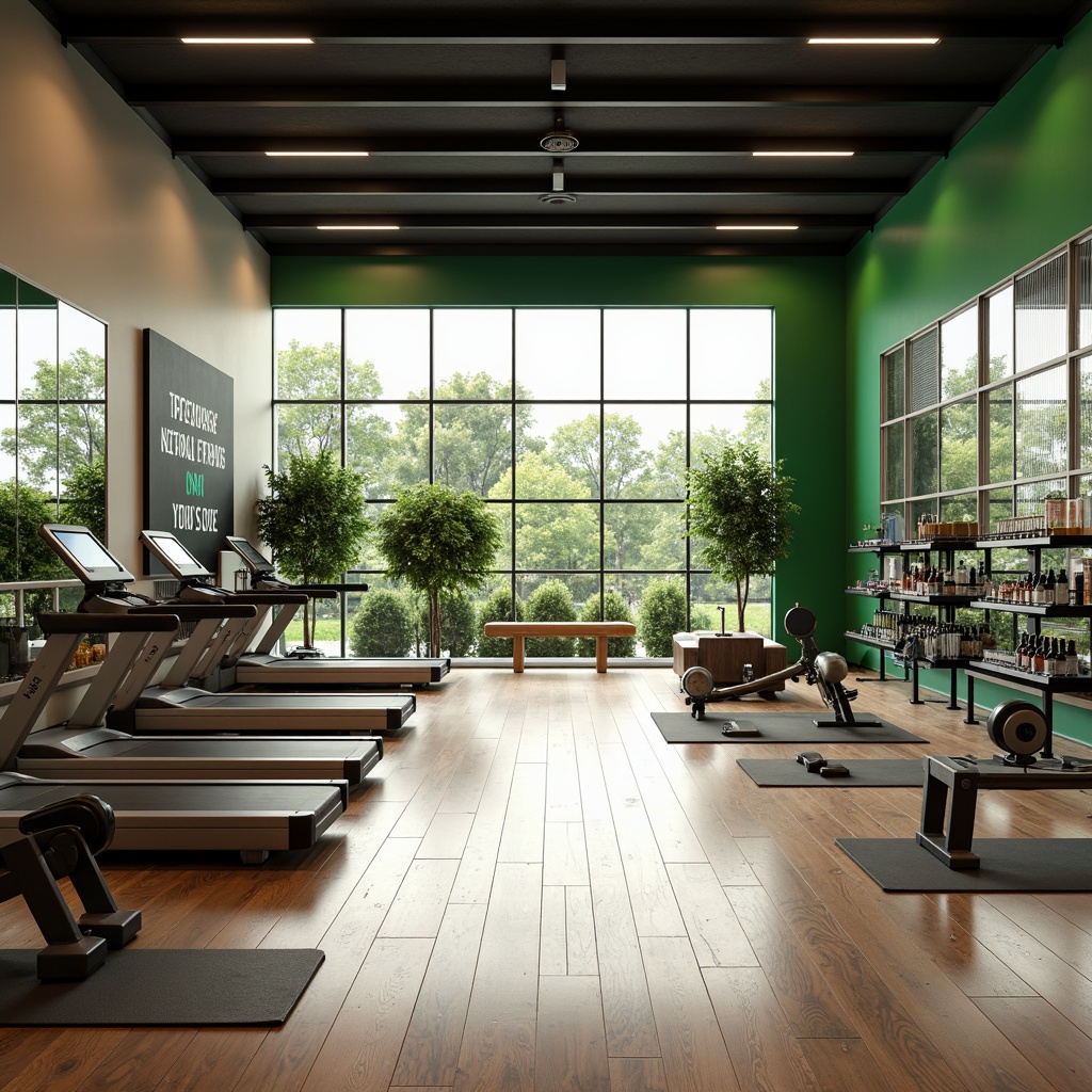 Prompt: Modern fitness club interior, ample natural light, floor-to-ceiling windows, mirrored walls, polished wooden floors, sleek metal equipment, vibrant green accents, minimalistic design, open layout, spacious atmosphere, motivational quotes, state-of-the-art treadmills, free weights area, yoga mats, stretching zones, refreshment bars, healthy snack counters, calming ambiance, soft warm lighting, 1/1 composition, realistic textures, ambient occlusion.