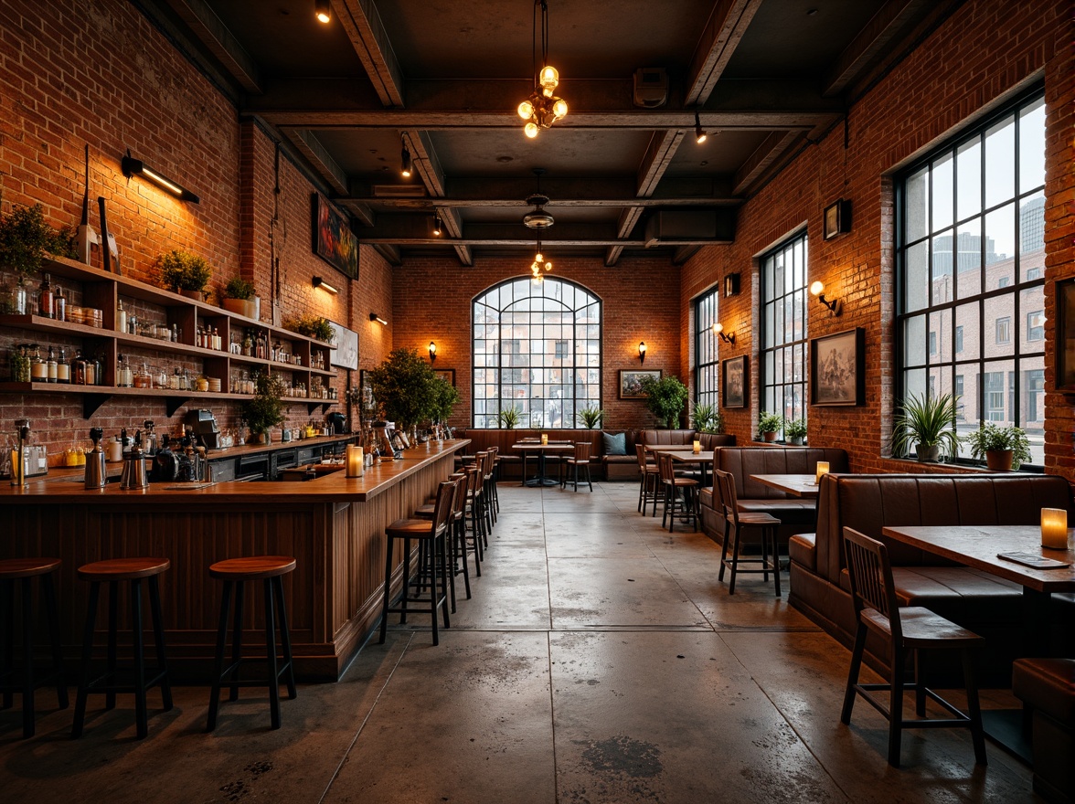 Prompt: Rustic industrial bar, exposed brick walls, metallic beams, reclaimed wood accents, distressed concrete floors, vintage factory windows, Edison bulb lighting, rich leather upholstery, ornate metalwork details, bold typography signage, urban cityscape views, warm golden hour lighting, shallow depth of field, 2/3 composition, gritty realistic textures, ambient occlusion.