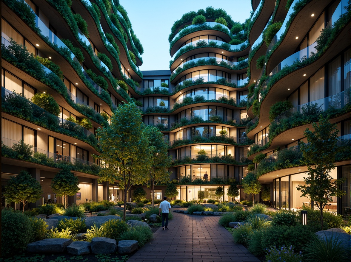 Prompt: Organic facade, undulating curves, biomimetic patterns, vibrant green walls, living roofs, breathing buildings, adaptive structures, kinetic components, responsive skin, porous surfaces, natural ventilation, solar panels, wind turbines, recyclable materials, bioluminescent accents, glowing nocturnal effects, warm ambient lighting, shallow depth of field, 1/1 composition, symmetrical view, realistic textures, subtle animations.